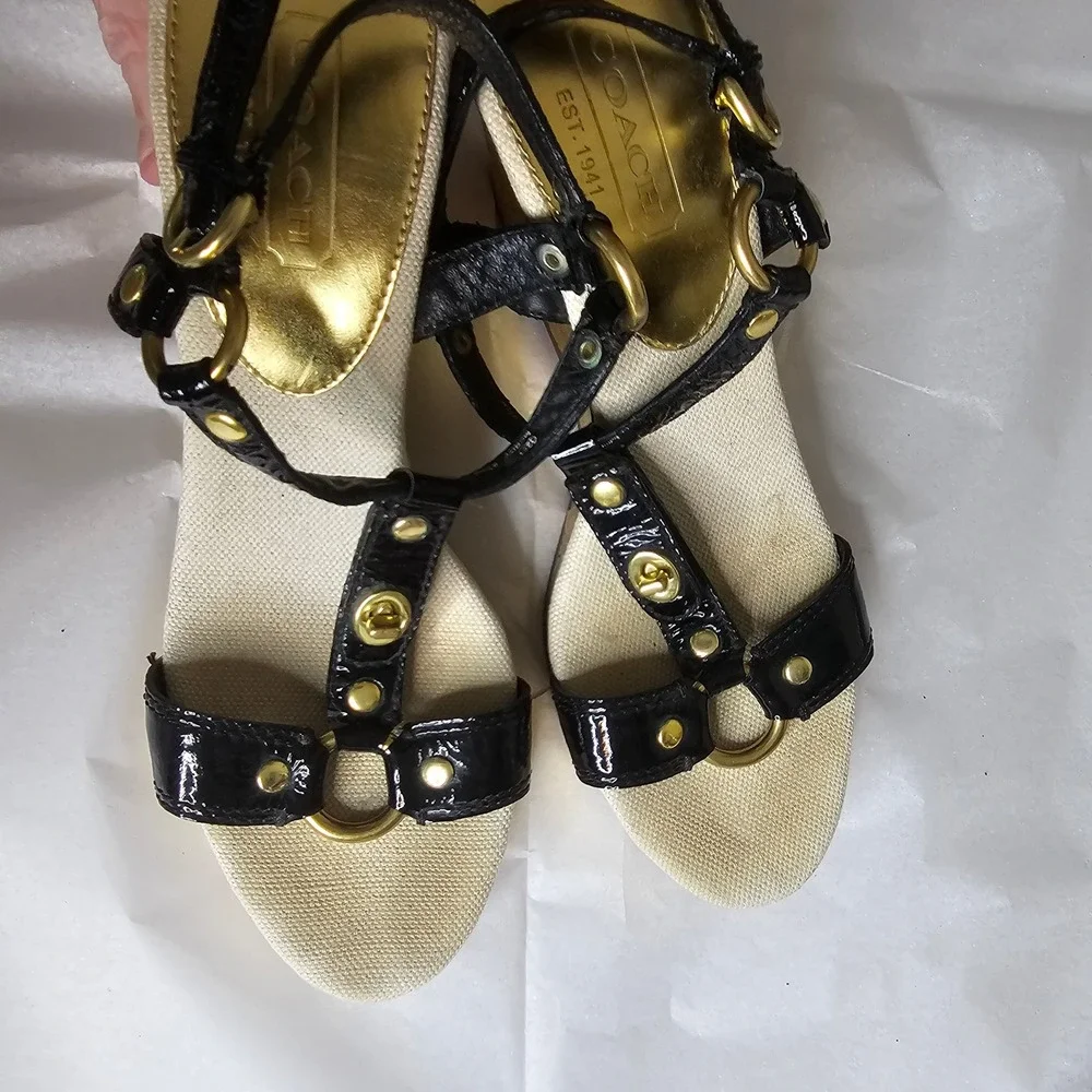 Coach Mercy Black Patent Leather Gold Metallic Cork Wedge Sandals Womens 8.5